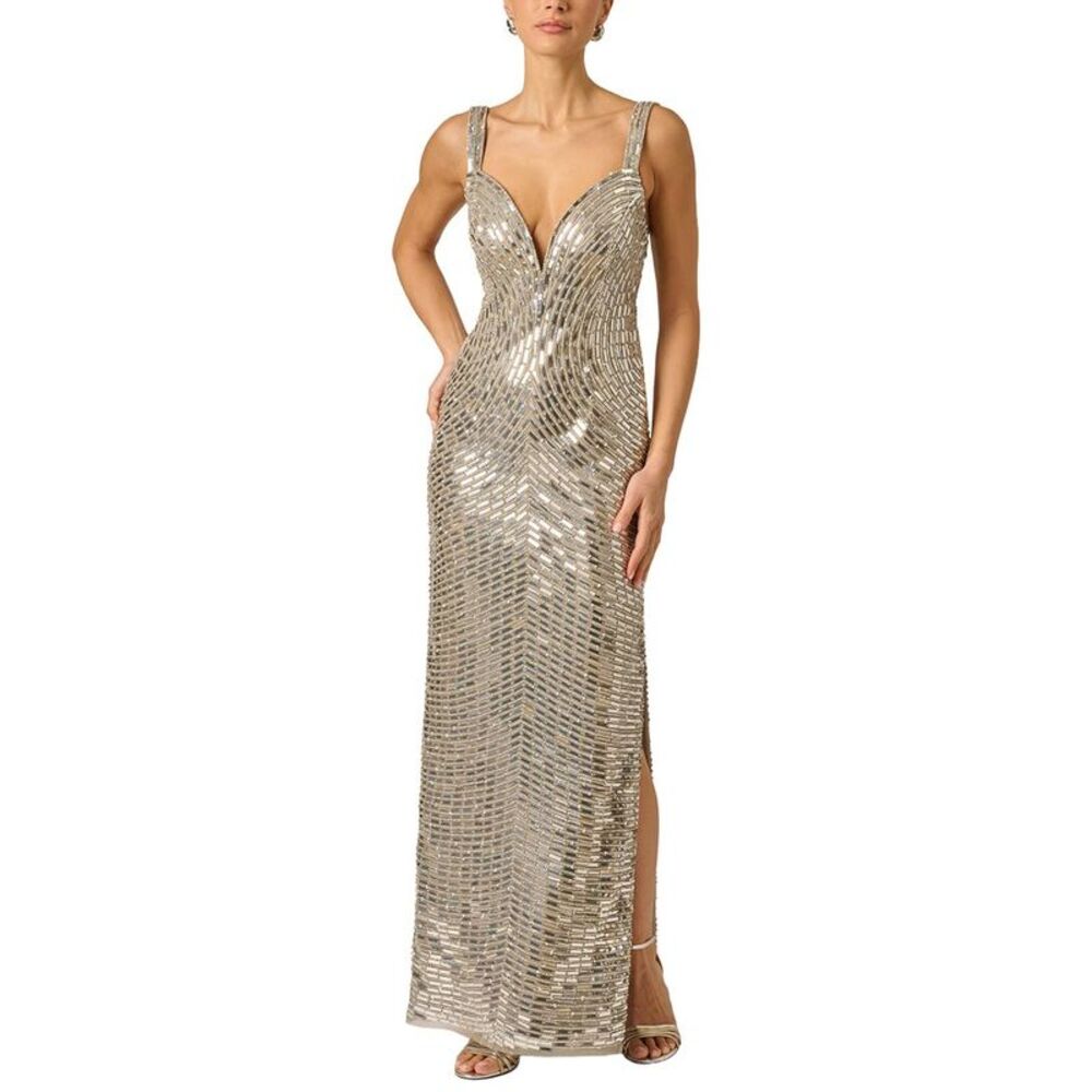 Adrianna Papell Womens Fully Beaded Long Dress, Silver